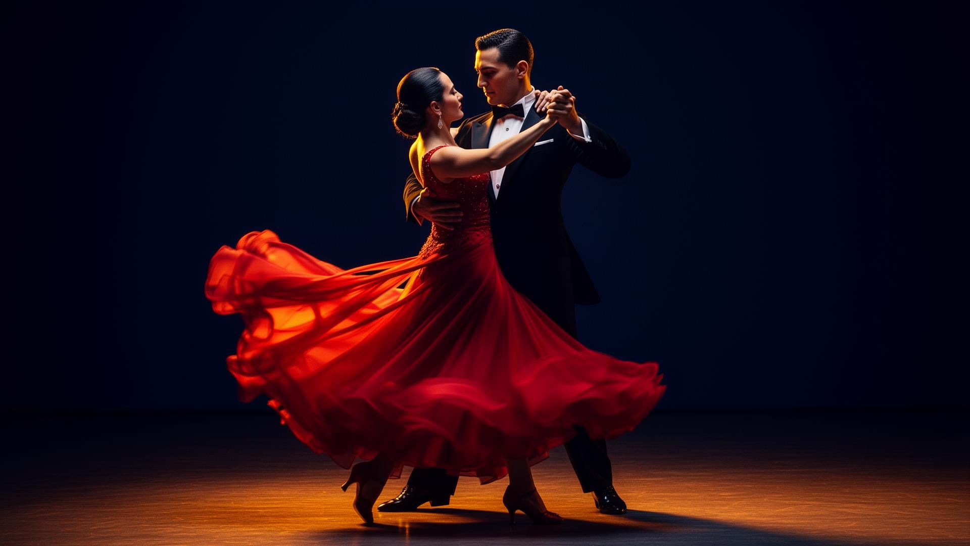 Argentine tango couple dancing in an elegant embrace